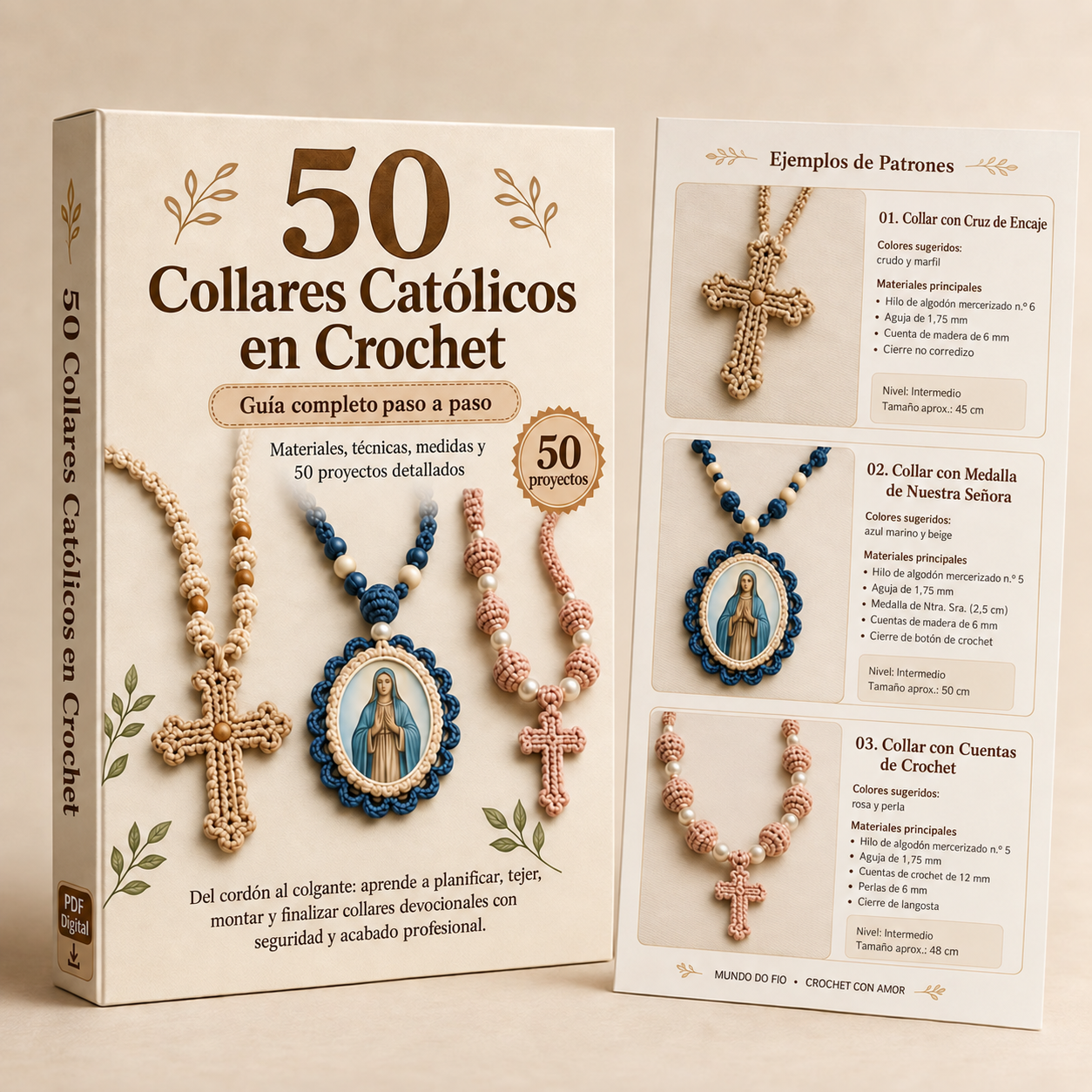 Caja del material con ejemplos de patrones de collares católicos