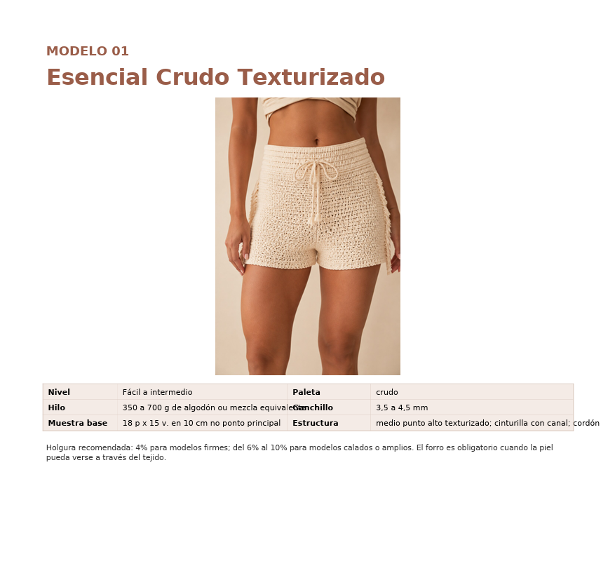 Página de la guía con el Modelo 01 Esencial Crudo Texturizado y su ficha técnica