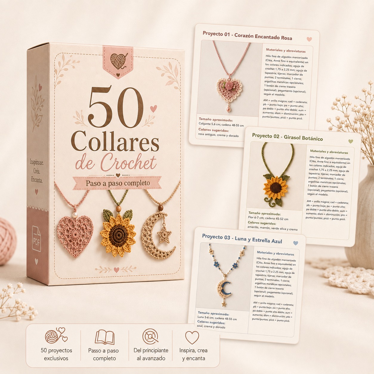 Caja del material con tres páginas internas de los collares de crochet