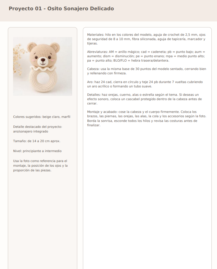 Página del PDF: Osito Sonajero Delicado con materiales, abreviaturas y montaje
