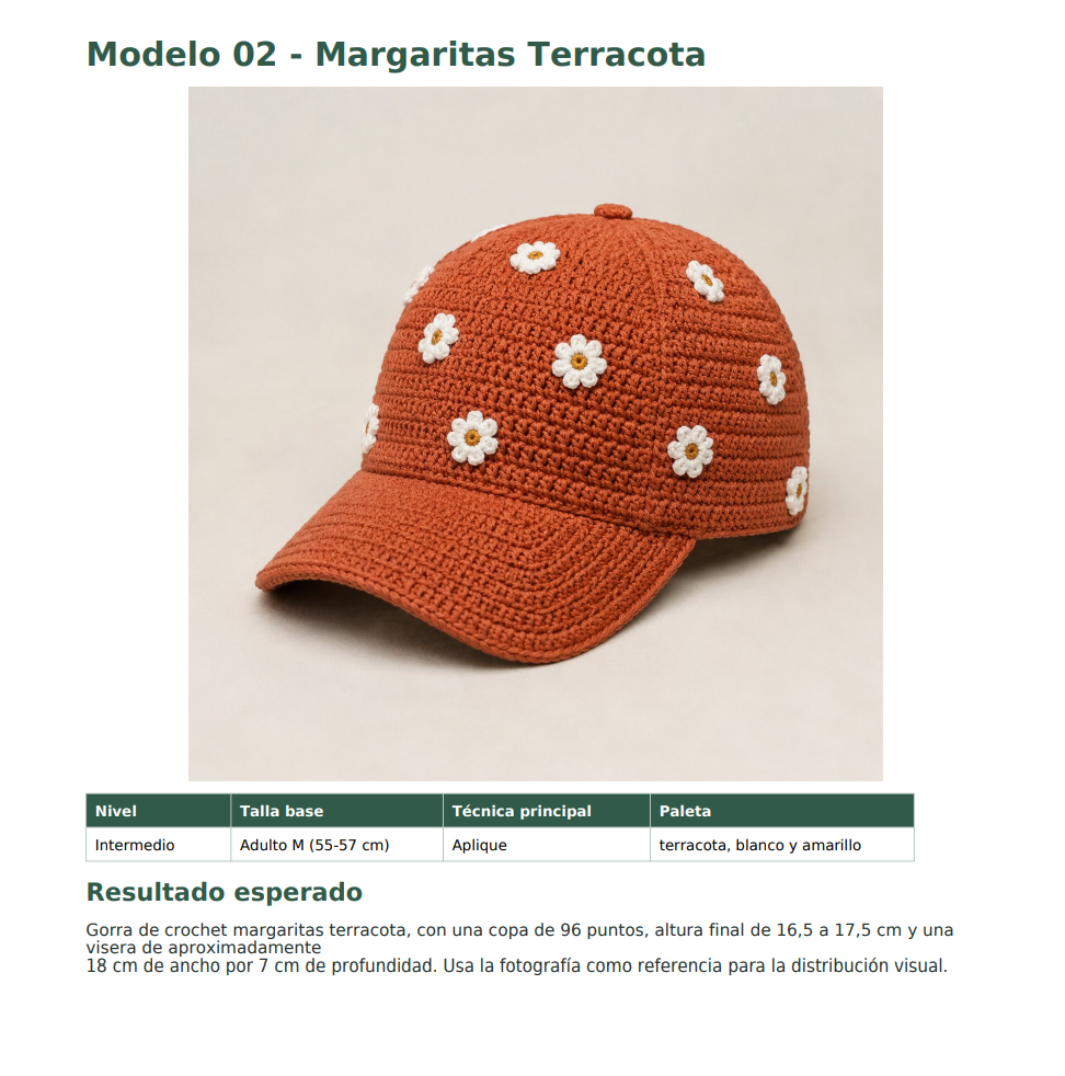 Página de la guía con la gorra de margaritas terracota