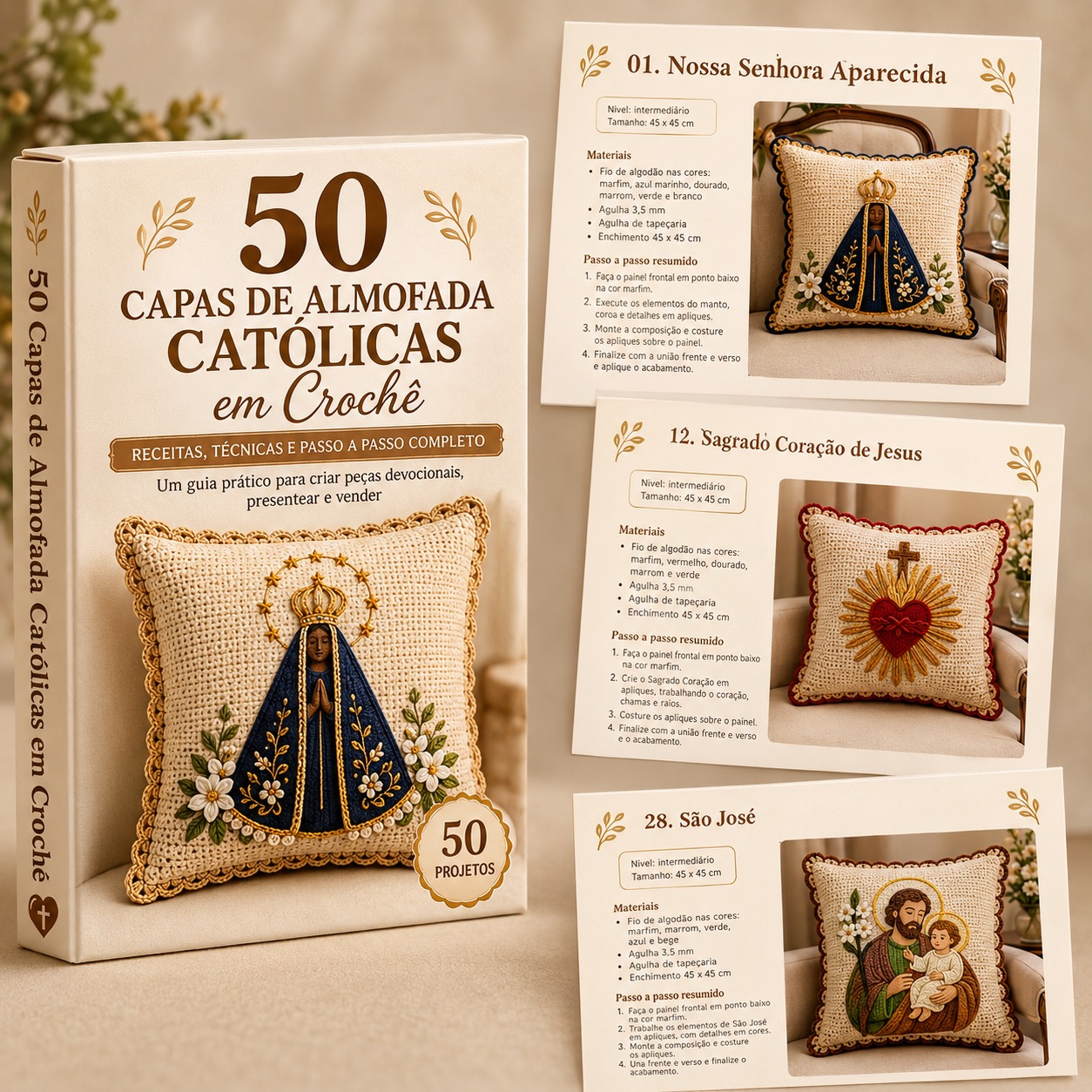 Material digital 50 Capas de Almofada Católicas em Crochê