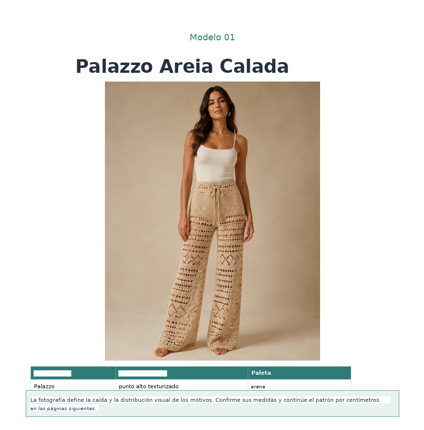 Páginas de la guía con el Modelo 01, materiales, esquema de medidas y elaboración completa