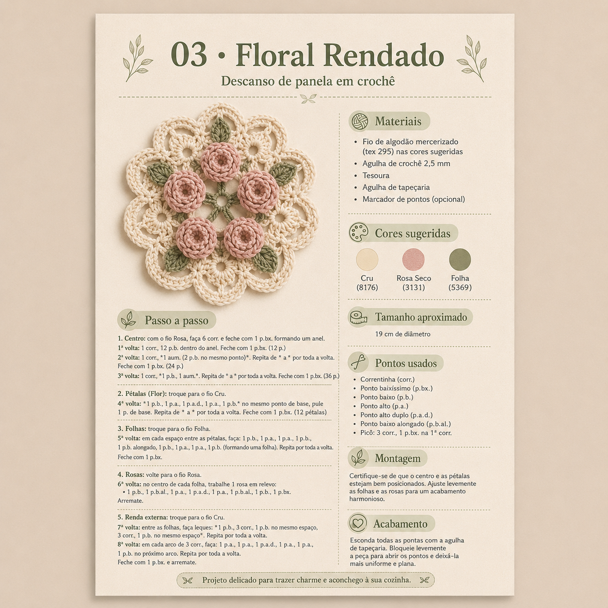Página do PDF: projeto Floral Rendado com foto, materiais, pontos e passo a passo