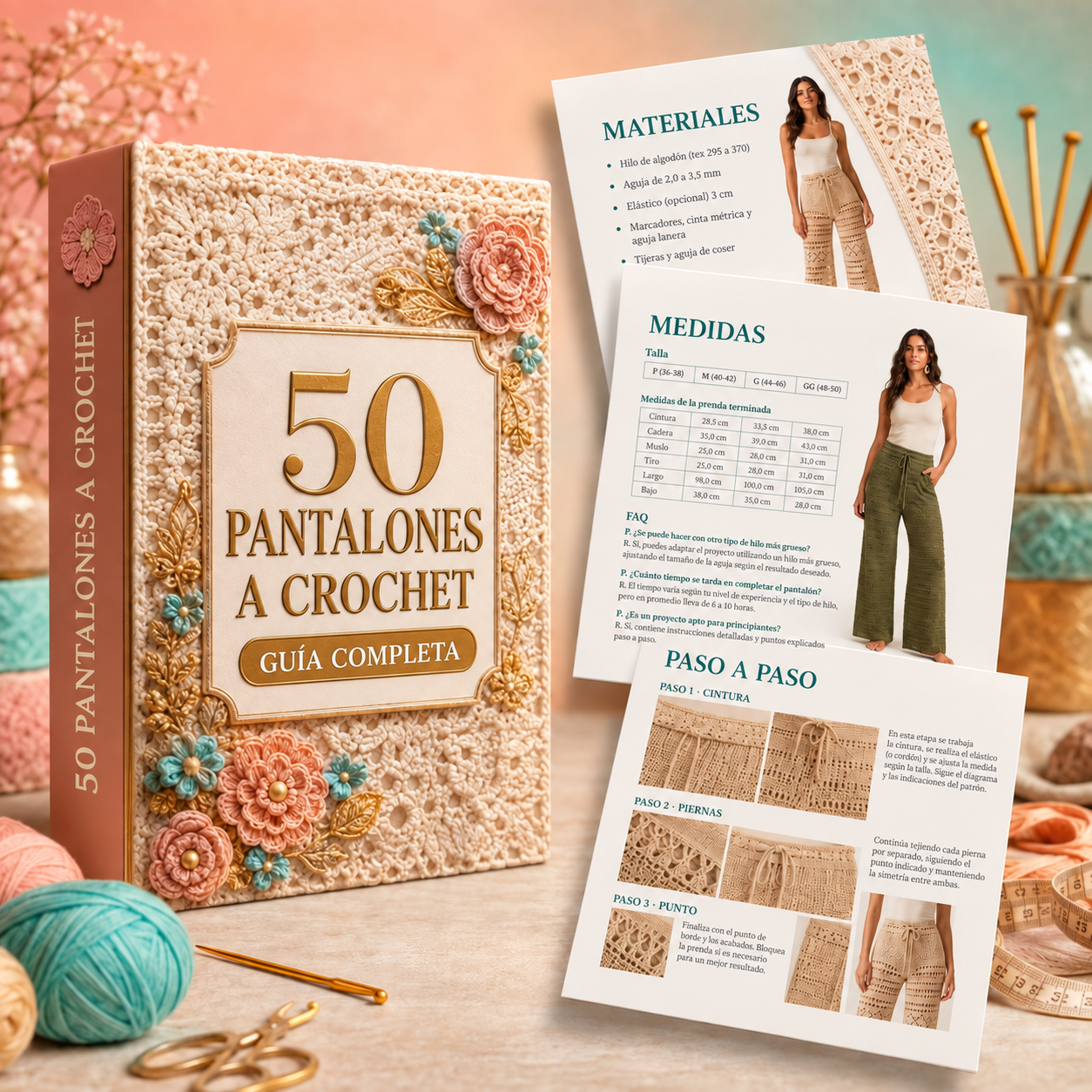 Caja de la guía 50 Pantalones de Crochet junto a las páginas de materiales, medidas y paso a paso