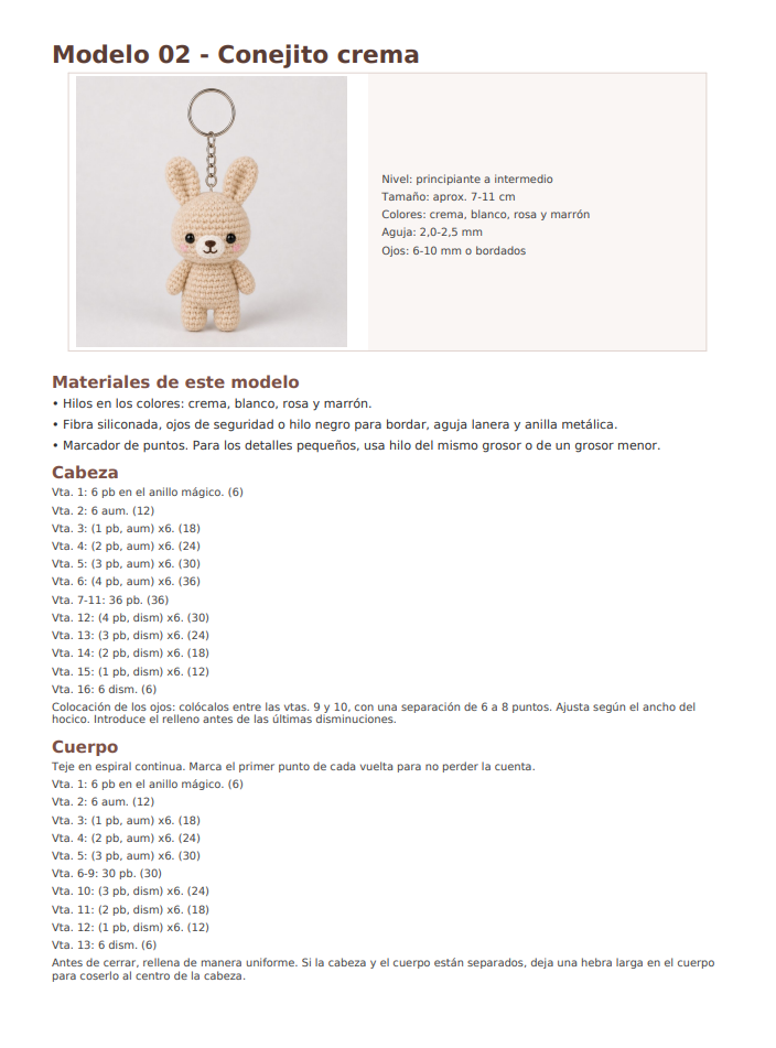 Página del PDF del Modelo 02 Conejito crema con nivel, colores y vueltas