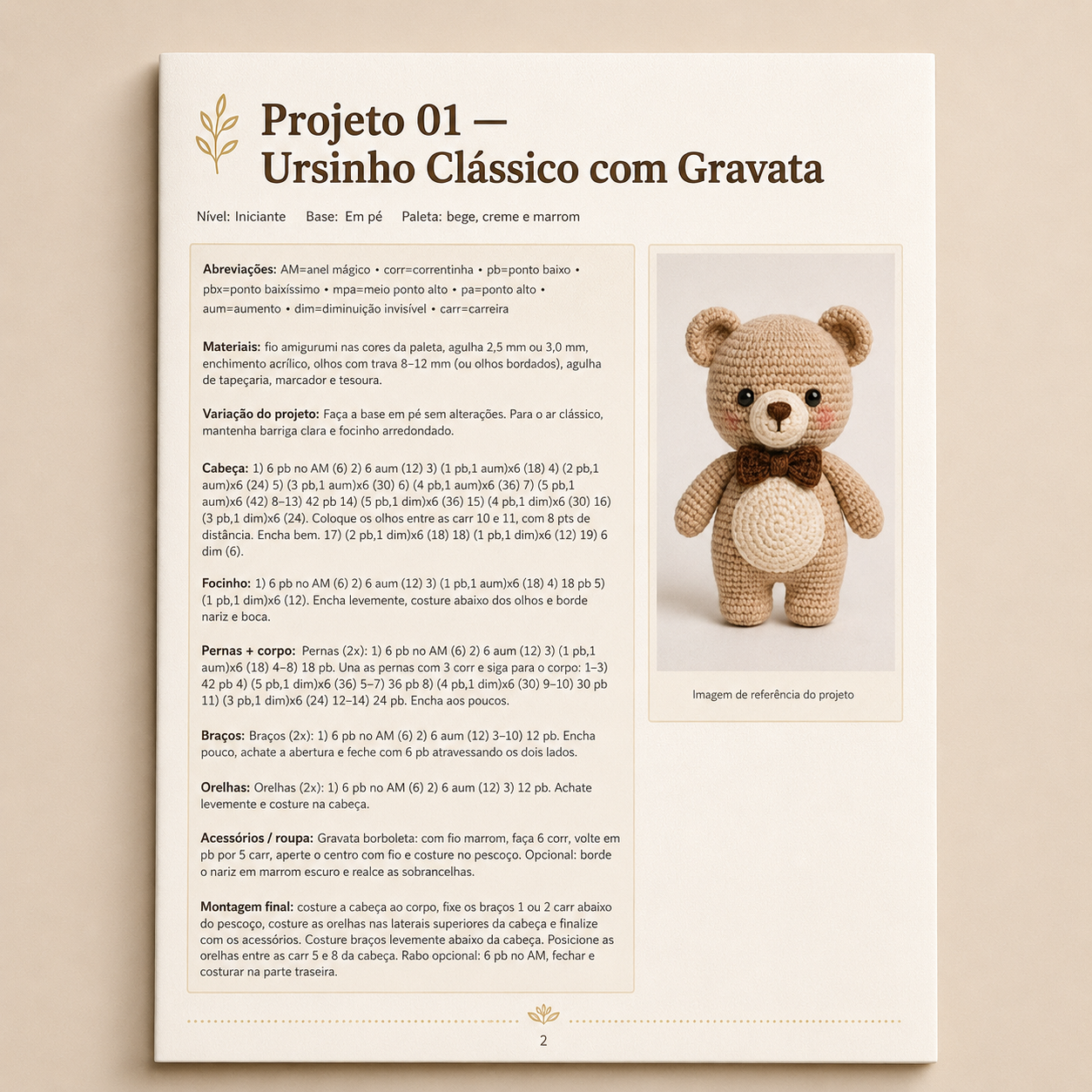 Página do PDF: Ursinho Clássico com Gravata, com materiais e passo a passo por partes