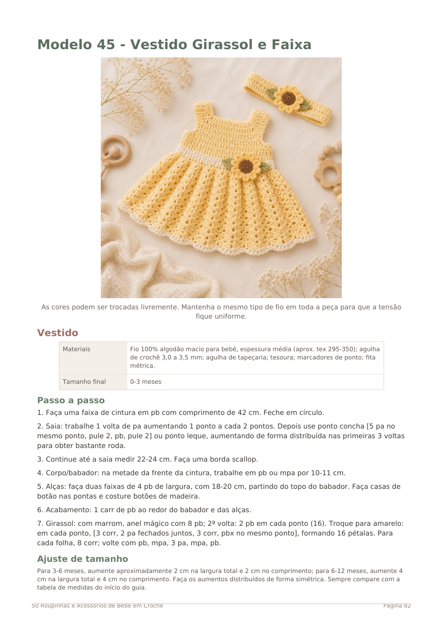 Página do PDF: Modelo 45 - Vestido Girassol e Faixa, com materiais e passo a passo