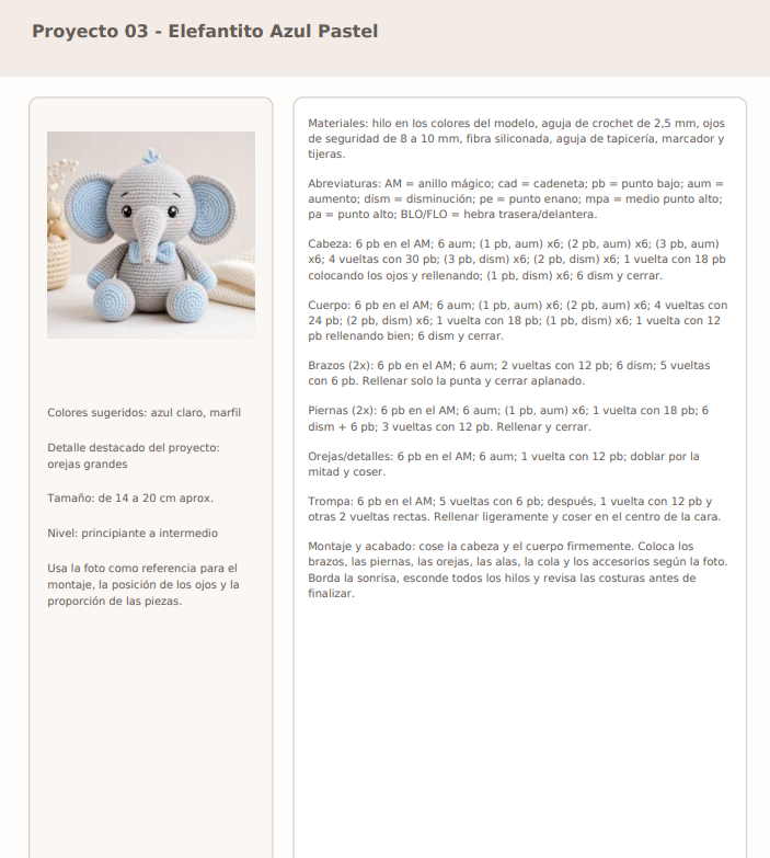 Página del PDF: Elefantito Azul Pastel con paso a paso por partes