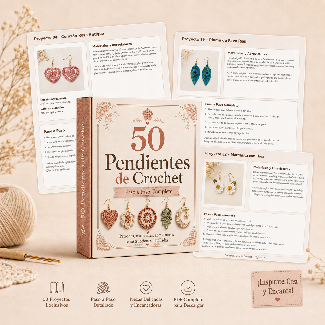 Caja del material con las páginas internas de los pendientes de crochet