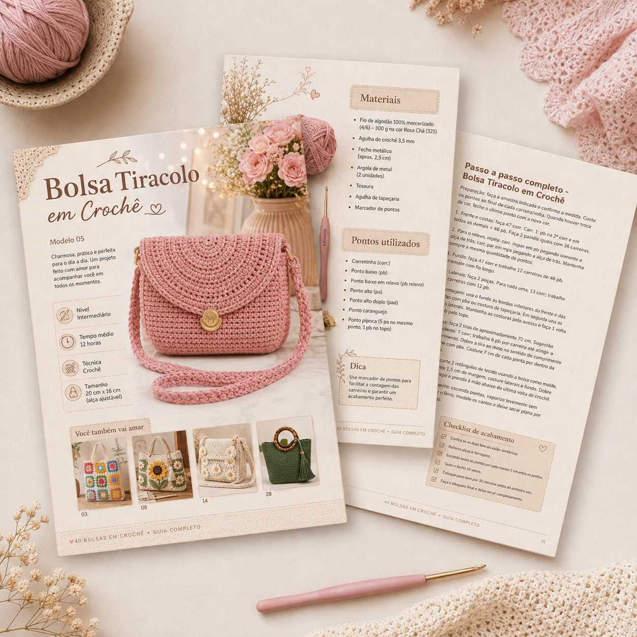 Páginas do PDF: Bolsa Tiracolo em Crochê com pontos utilizados e checklist de acabamento