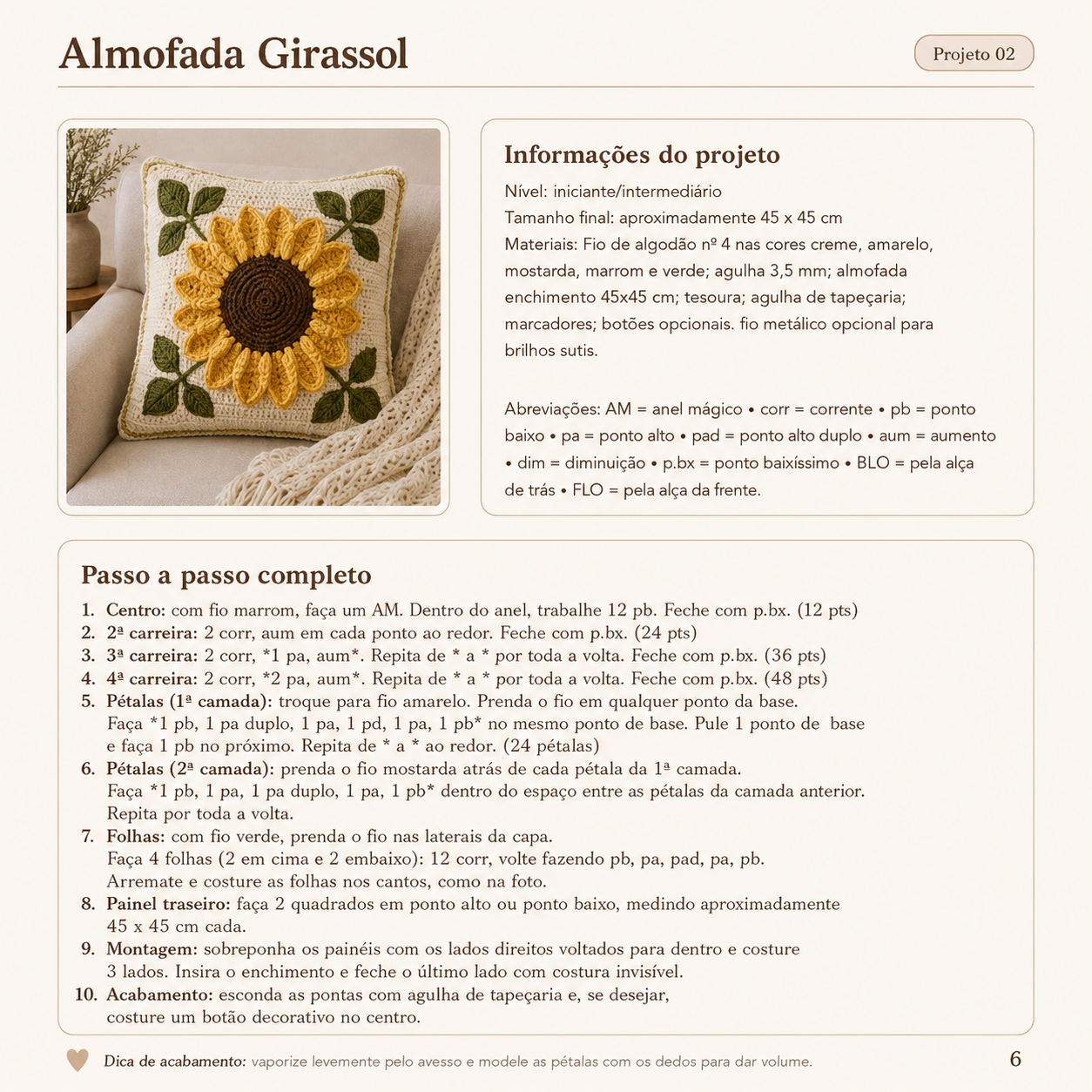Página do PDF: Almofada Girassol com carreiras detalhadas e montagem