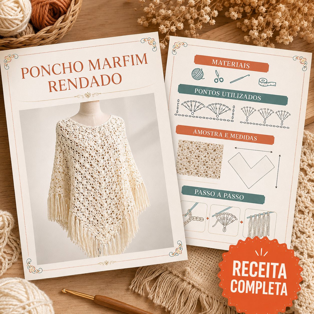 Página do guia com o Poncho Marfim Rendado, materiais, pontos e medidas