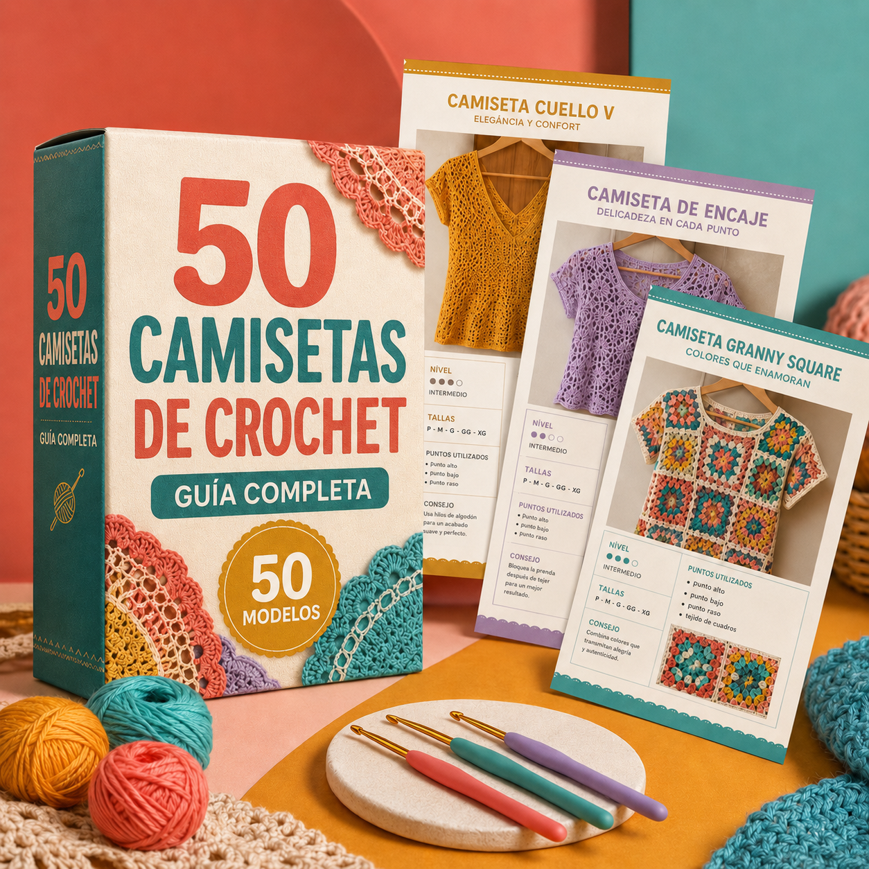 Caja de la guía 50 Camisetas de Crochet con las páginas internas de los modelos