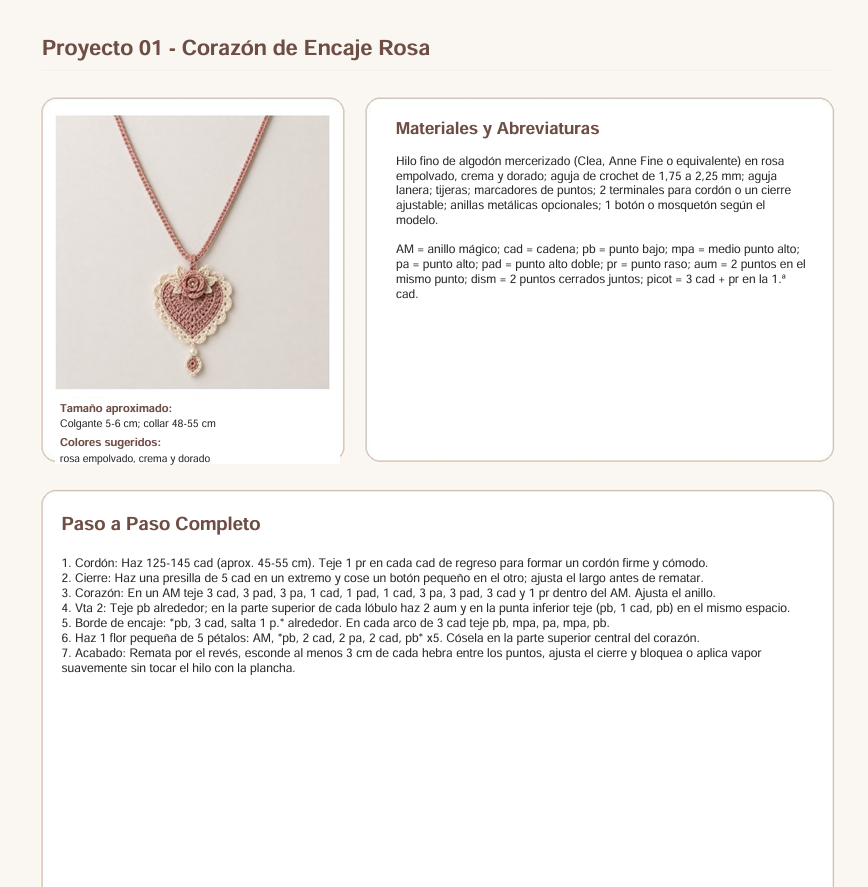 Página del PDF: collar Corazón Calado Rosa con materiales, abreviaturas y paso a paso