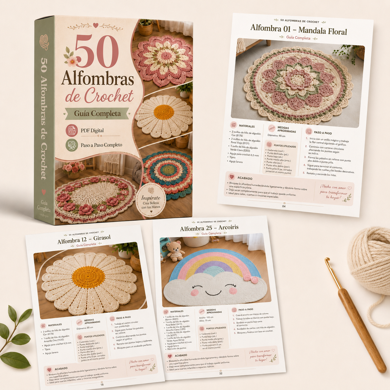 Caja del material con páginas internas de las alfombras Mandala Floral, Girasol y Nube Arcoíris