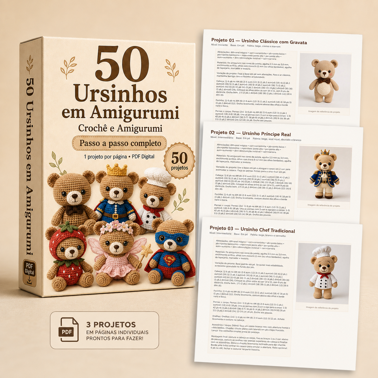 Caixa do material com as páginas internas dos ursinhos em amigurumi