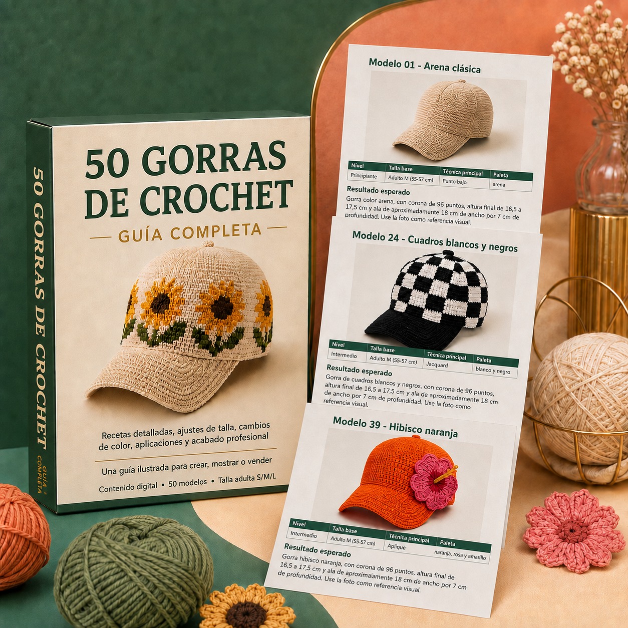 Caja de la guía 50 Gorras de Crochet con las páginas internas de los patrones