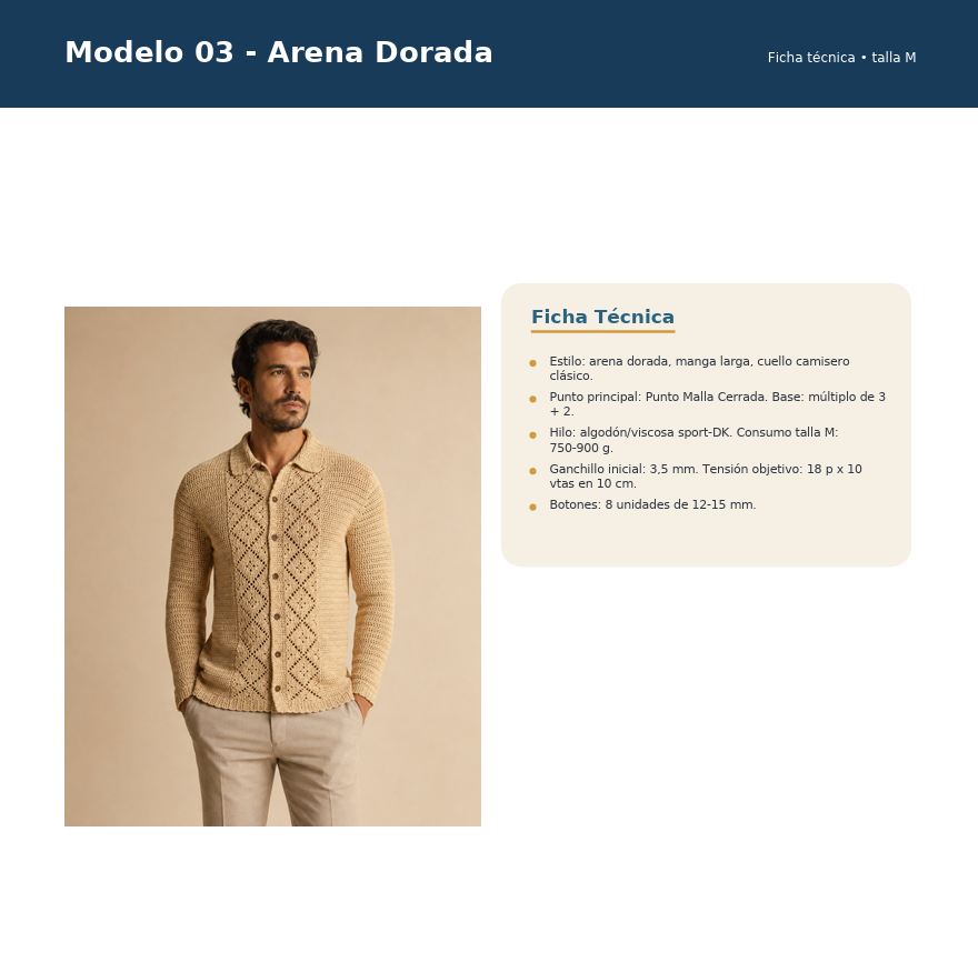 Página de la guía con el Modelo 03 Arena Dorada: tabla de tallas, muestra y montaje