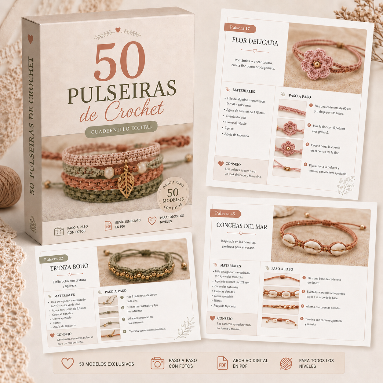 Caja del material con tres páginas internas de las pulseras de crochet