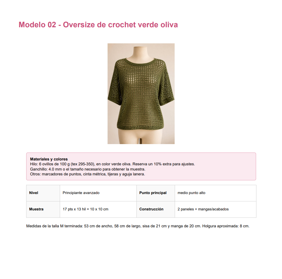 Página de la guía con el Modelo 02 Camiseta Lila Calada, materiales, medidas y elaboración