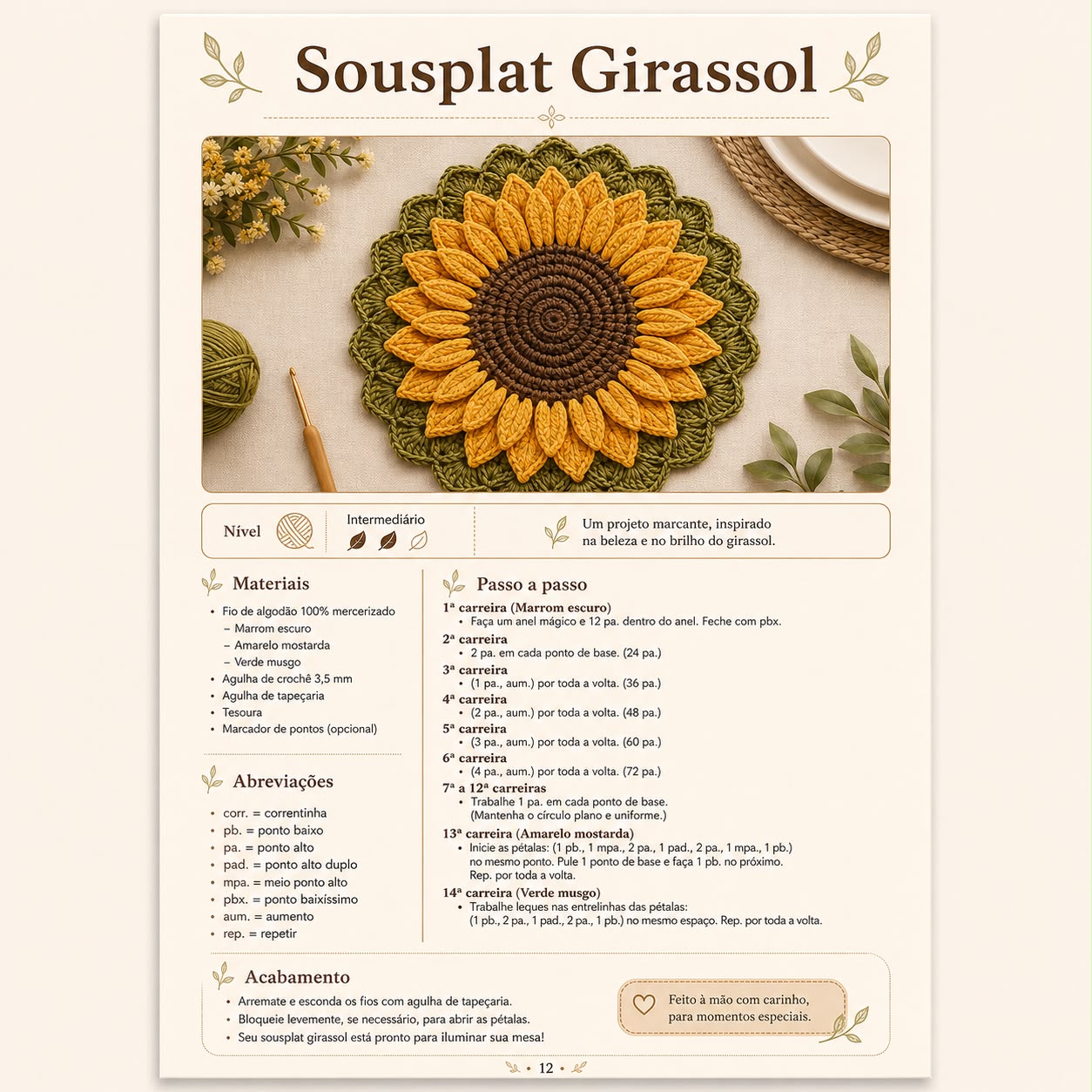 Página do PDF: Sousplat Girassol com foto, materiais e passo a passo por carreiras