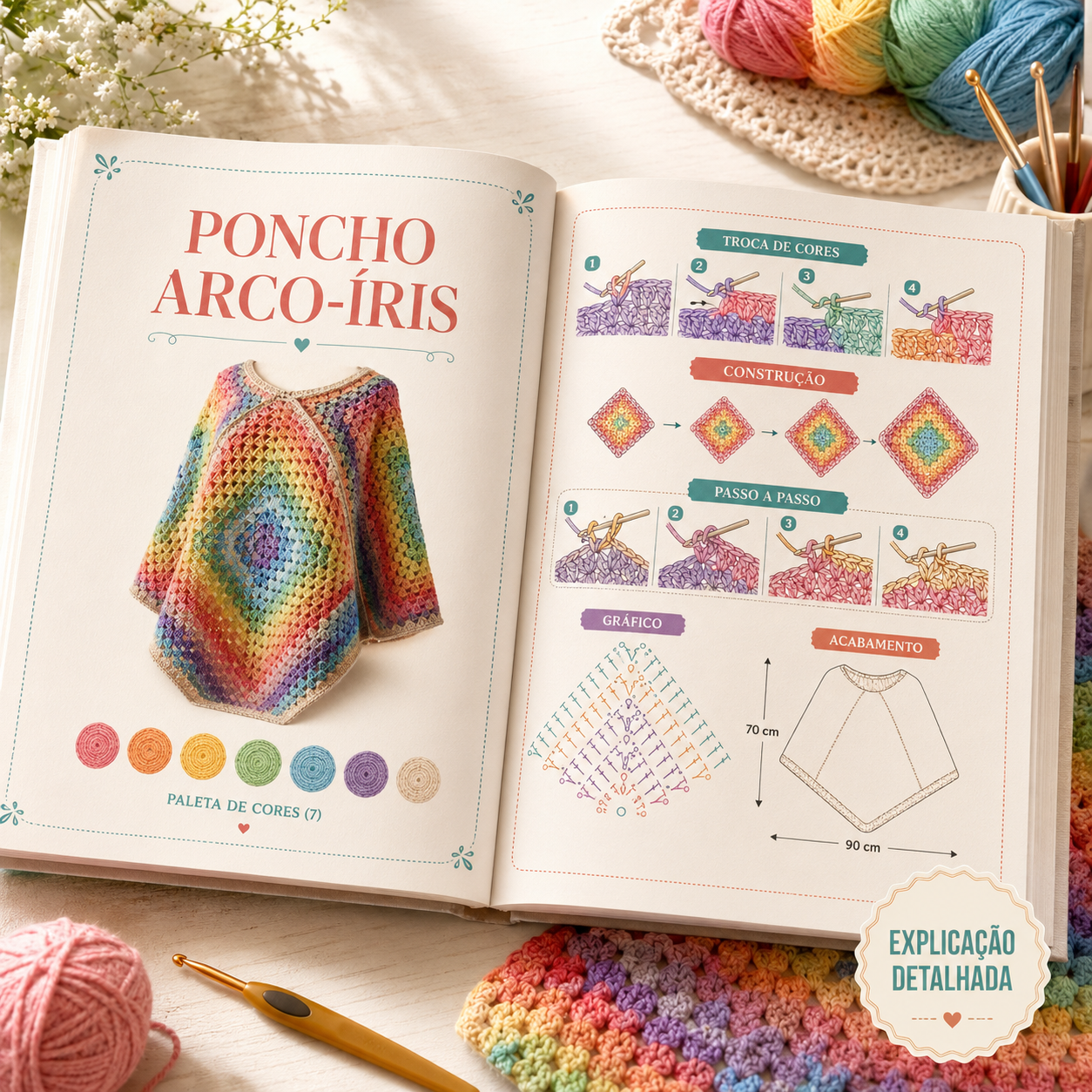 Página do guia com o Poncho Arco-Íris, trocas de cores, construção e gráfico