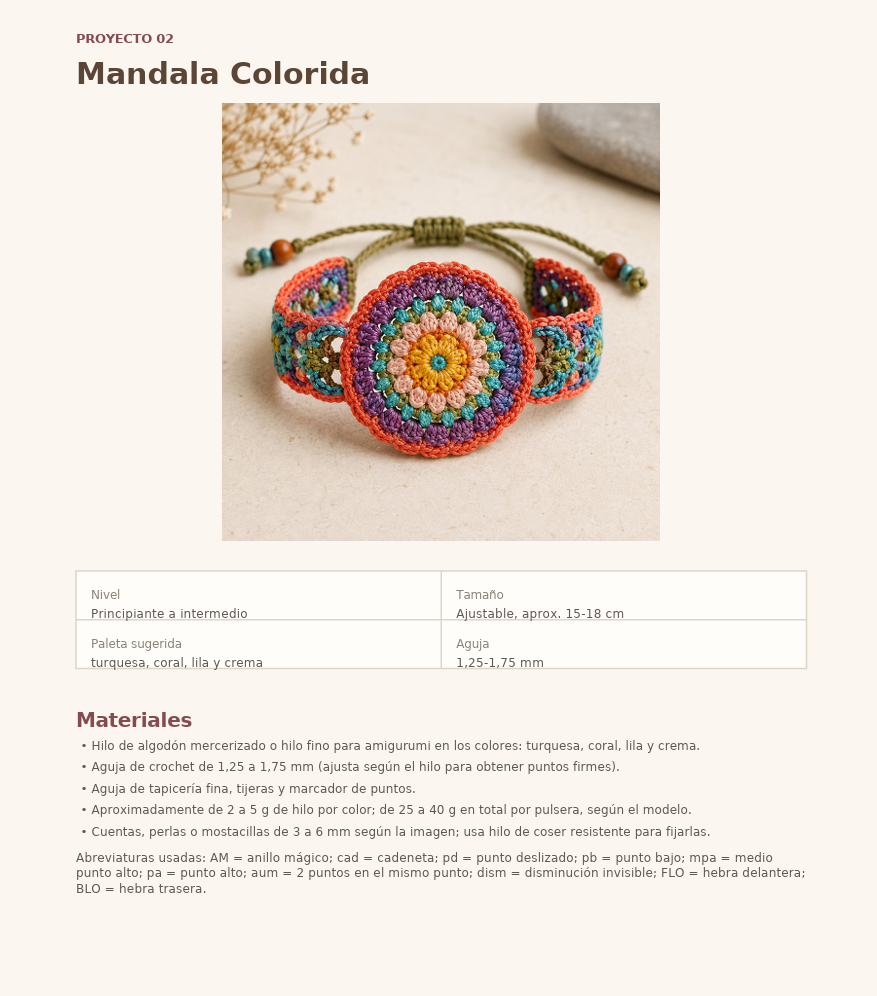 Página del PDF: Pulsera Mandala Colorida con puntos utilizados, elaboración y montaje