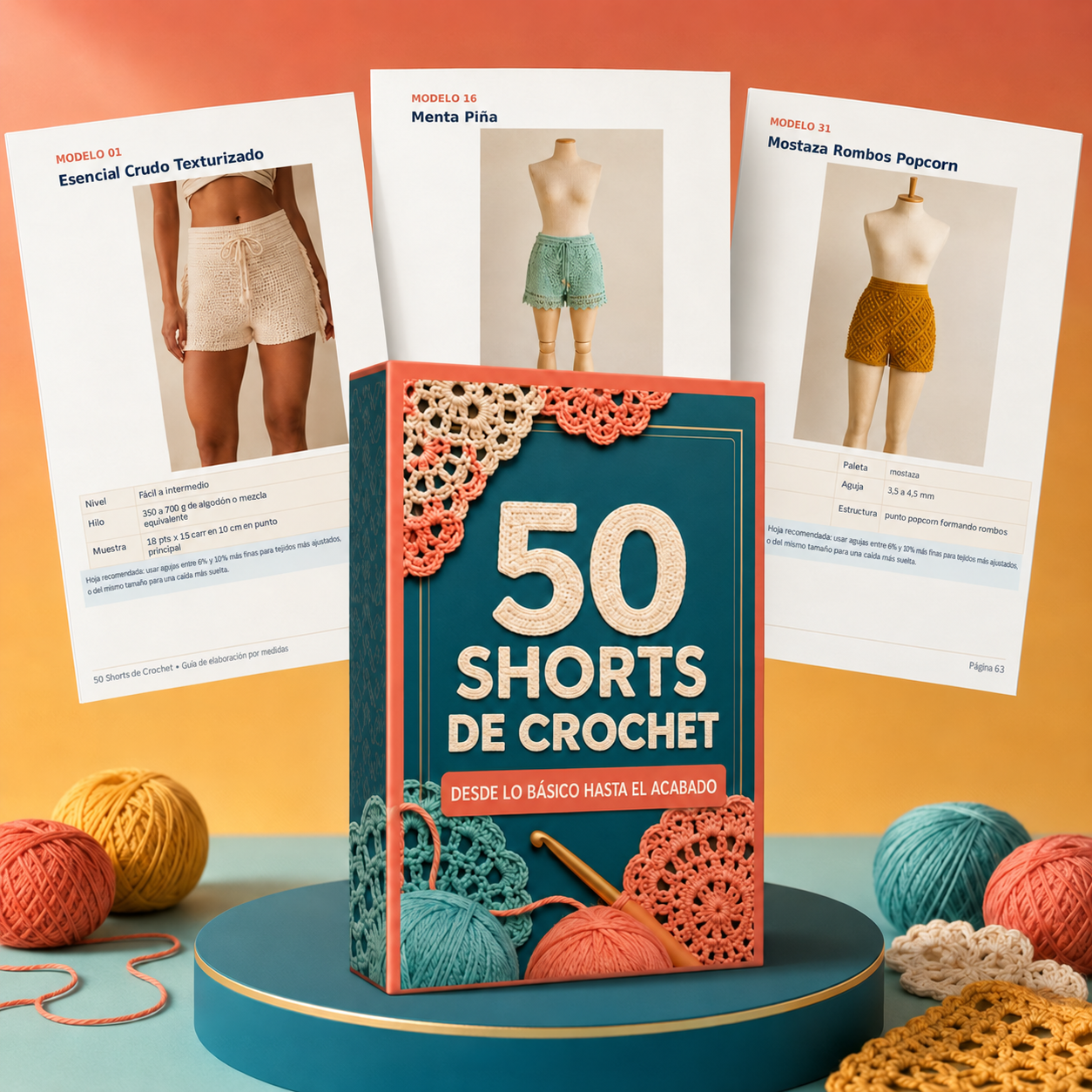 Caja de la guía 50 Shorts de Crochet con las páginas internas de las recetas