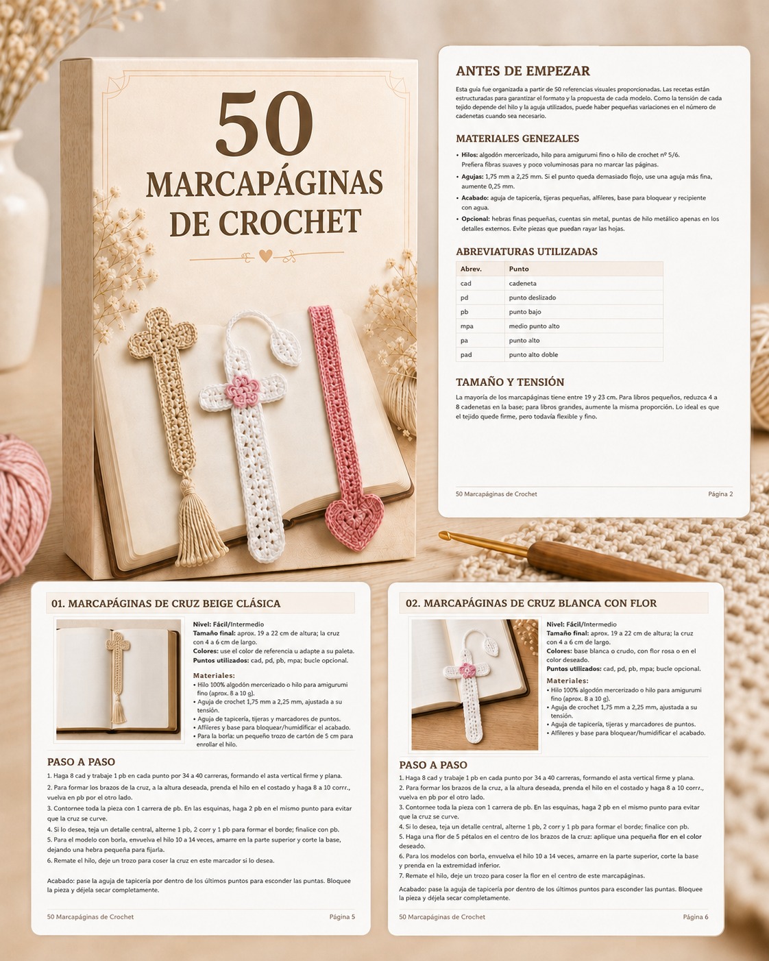 Páginas interiores de la guía con los marcapáginas Cruz Blanca con Flor y Rosa con Corazón