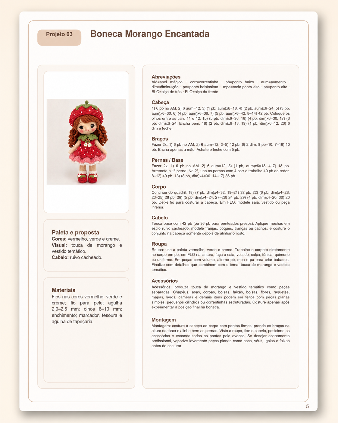 Página do PDF: Boneca Morango Encantada com materiais e abreviações