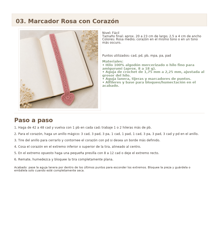 Página de la guía con el modelo Marcapáginas Rosa con Corazón