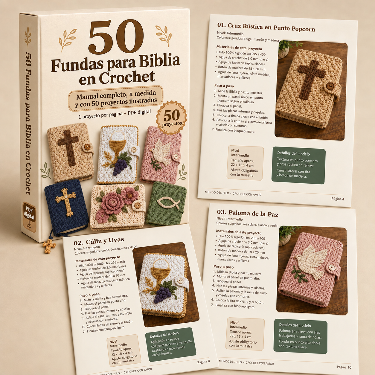 Caja del material con las páginas internas de los proyectos de fundas para Biblia