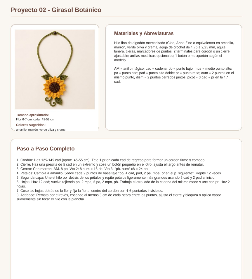Página del PDF del collar Girasol Botánico con patrón del cordón y del colgante
