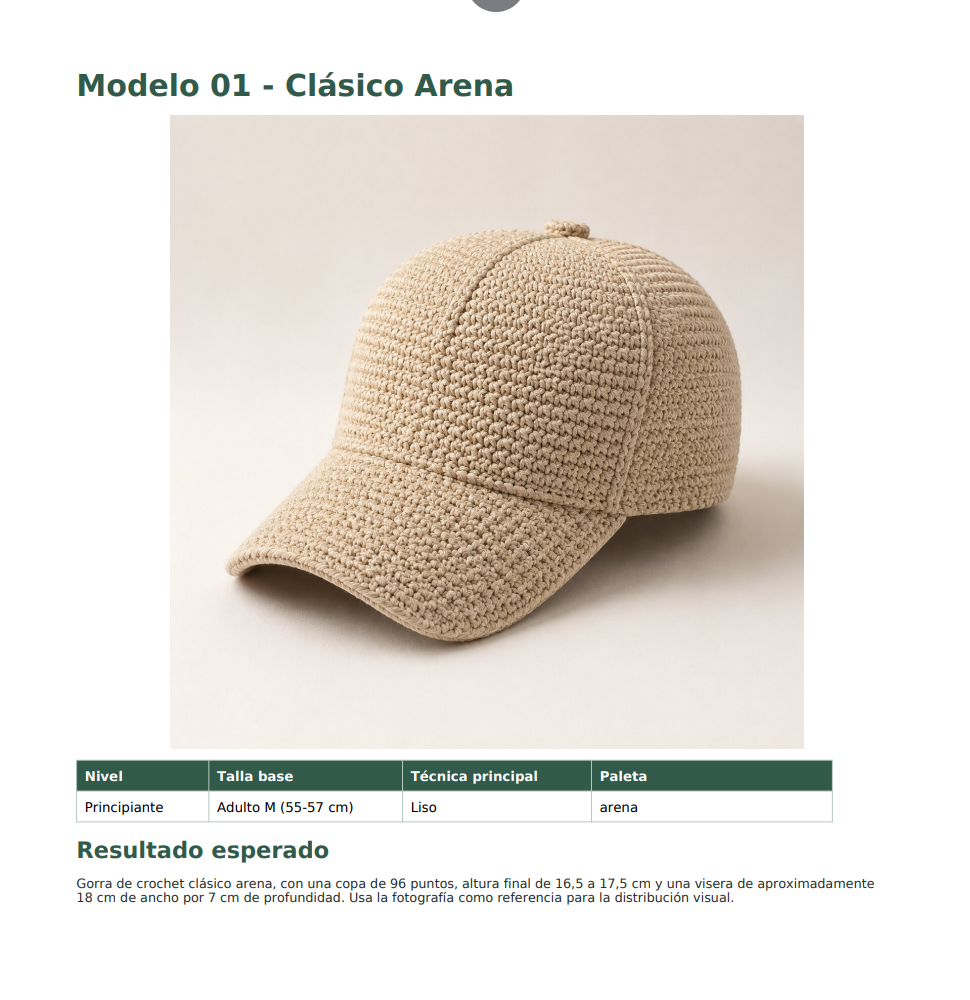 Página de la guía con el modelo clásico color arena y su ficha técnica