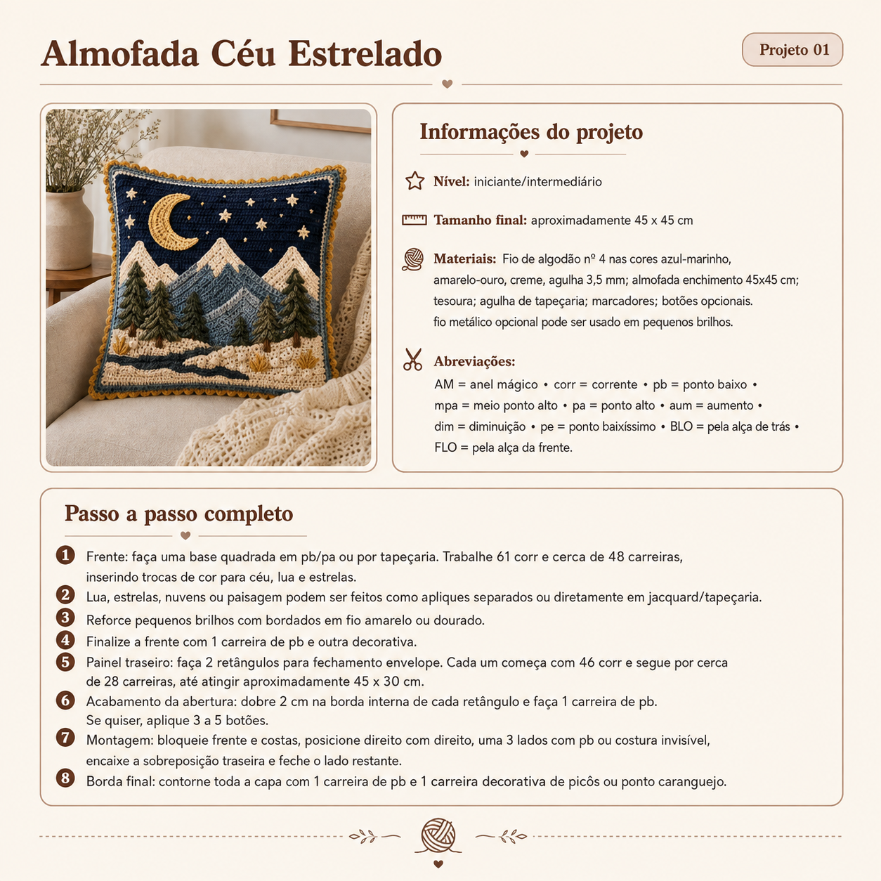Página do PDF: Almofada Céu Estrelado com materiais, abreviações e passo a passo