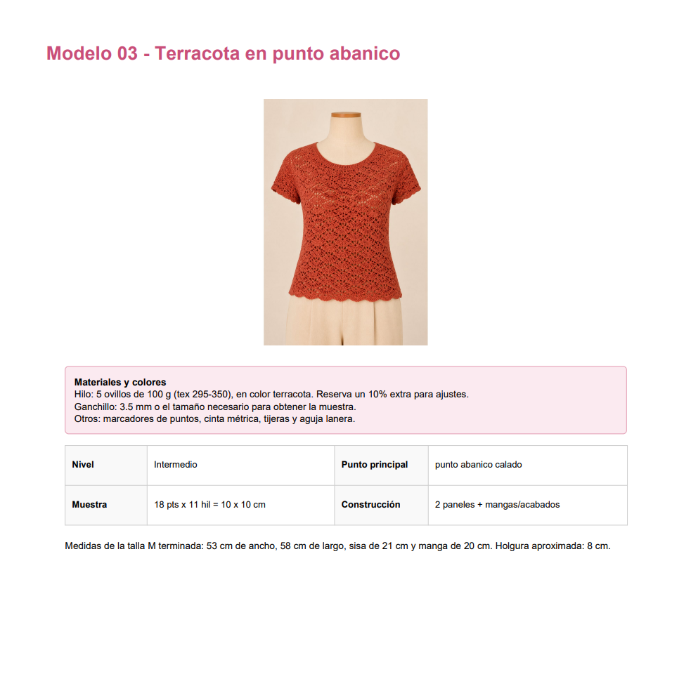 Página de la guía con el Modelo 03 Camiseta Granny Square, colores, montaje y acabado