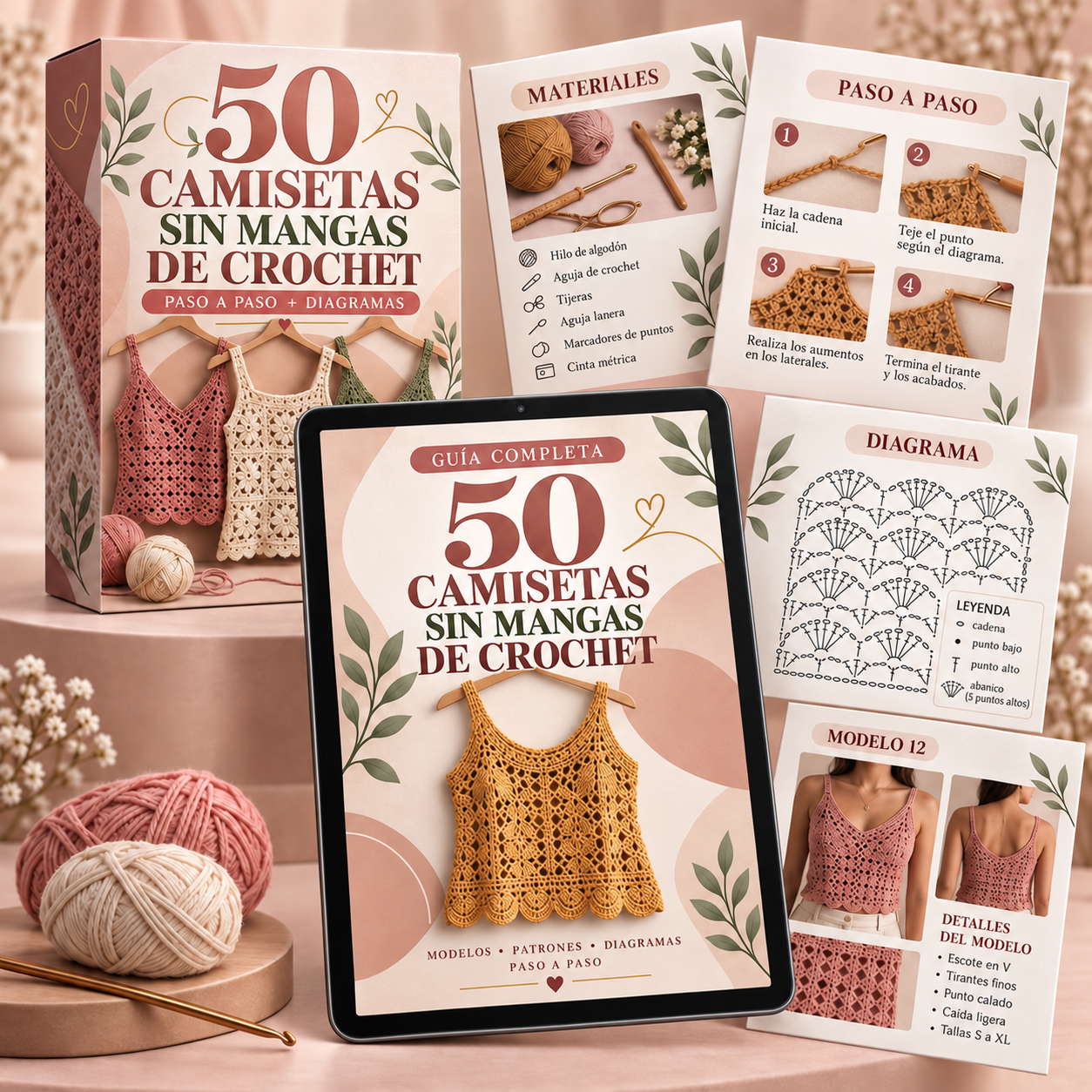 Guía de tops abierta en una tablet con páginas de materiales, paso a paso y gráfico