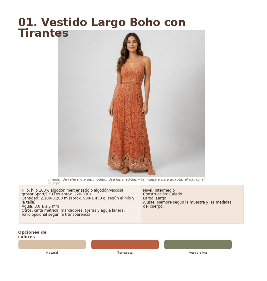 Página de la guía con el modelo 01 Vestido Largo Boho con tirantes, materiales y opciones de colores