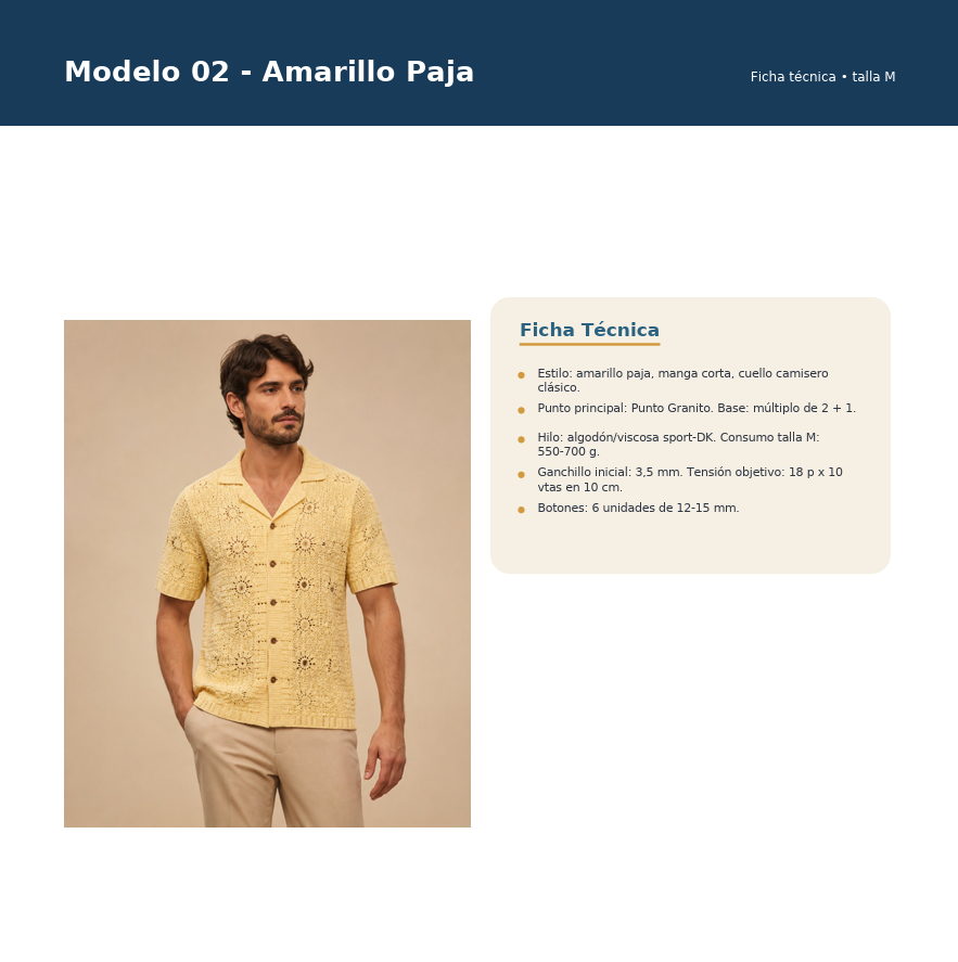 Página de la guía con el Modelo 02 Amarillo Paja: cuello, mangas, acabado y cambios de color