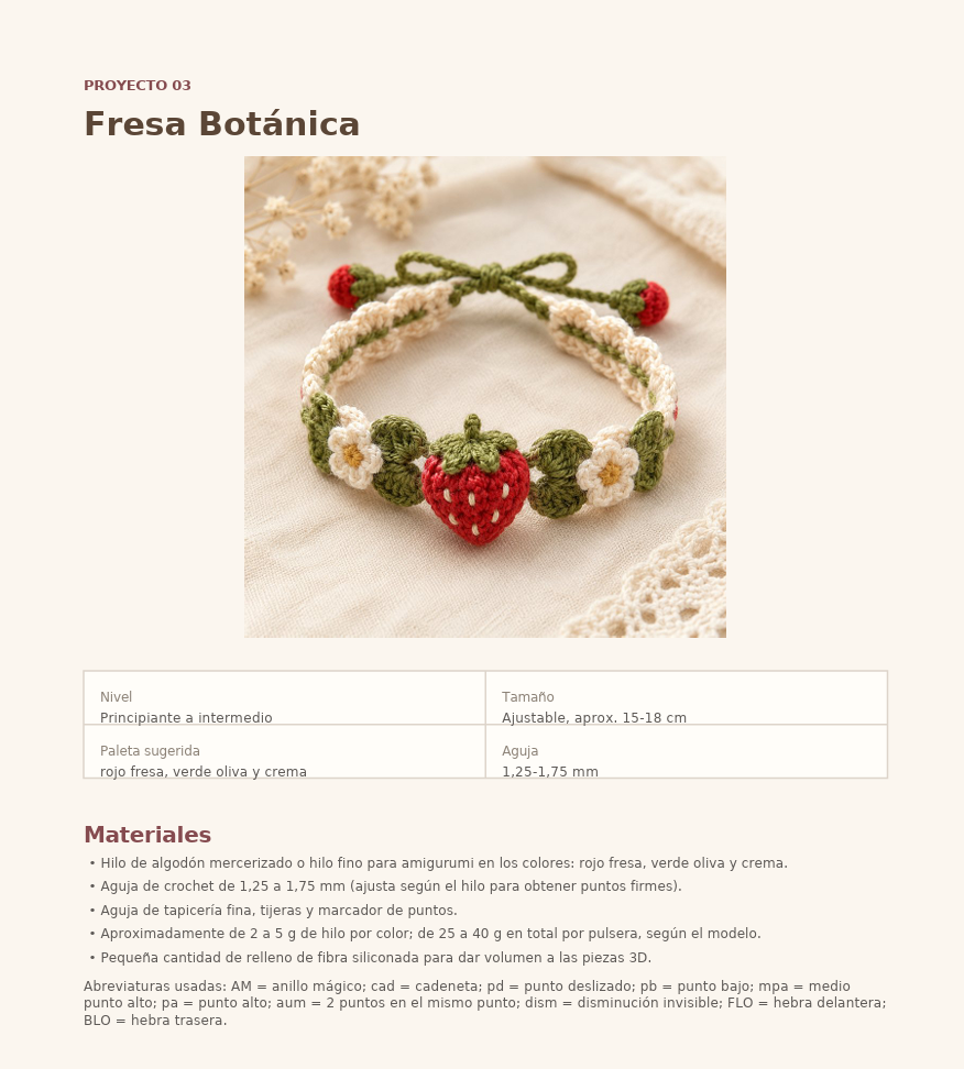 Página del PDF: Pulsera Fresa Botánica con patrón, cierre y consejos finales