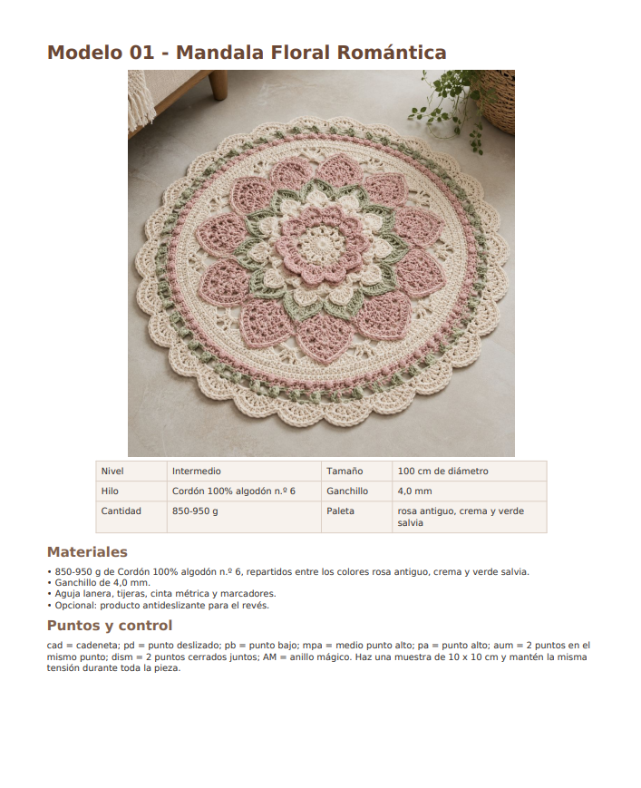 Página del PDF: Proyecto 01 - Alfombra Mandala Floral con materiales, colores y paso a paso