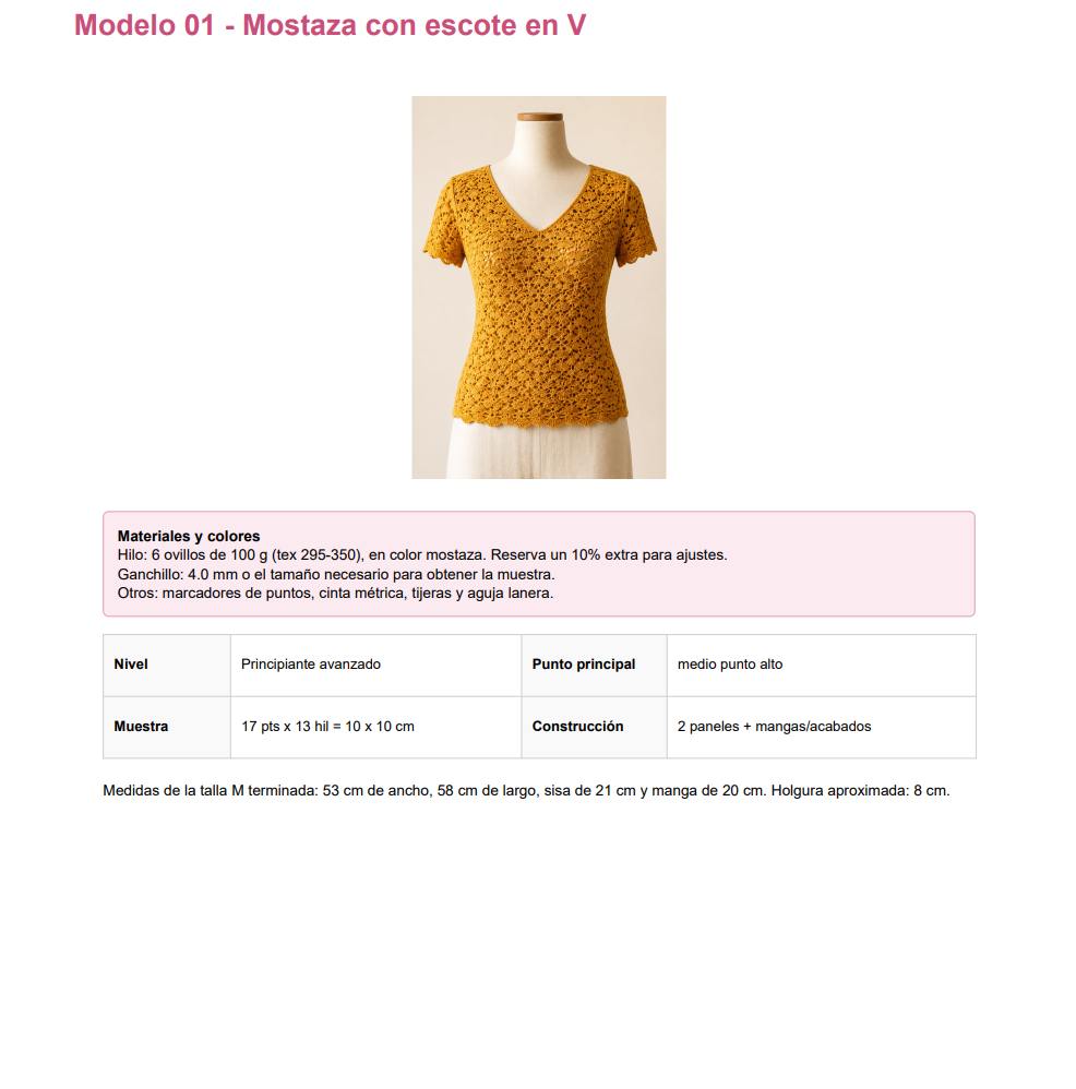 Página de la guía con el Modelo 01 Camiseta Mostaza, materiales, puntos y paso a paso