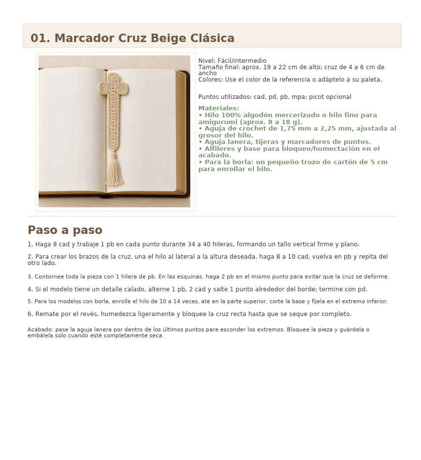 Página de la guía con el modelo Marcapáginas Cruz Beige Clásica