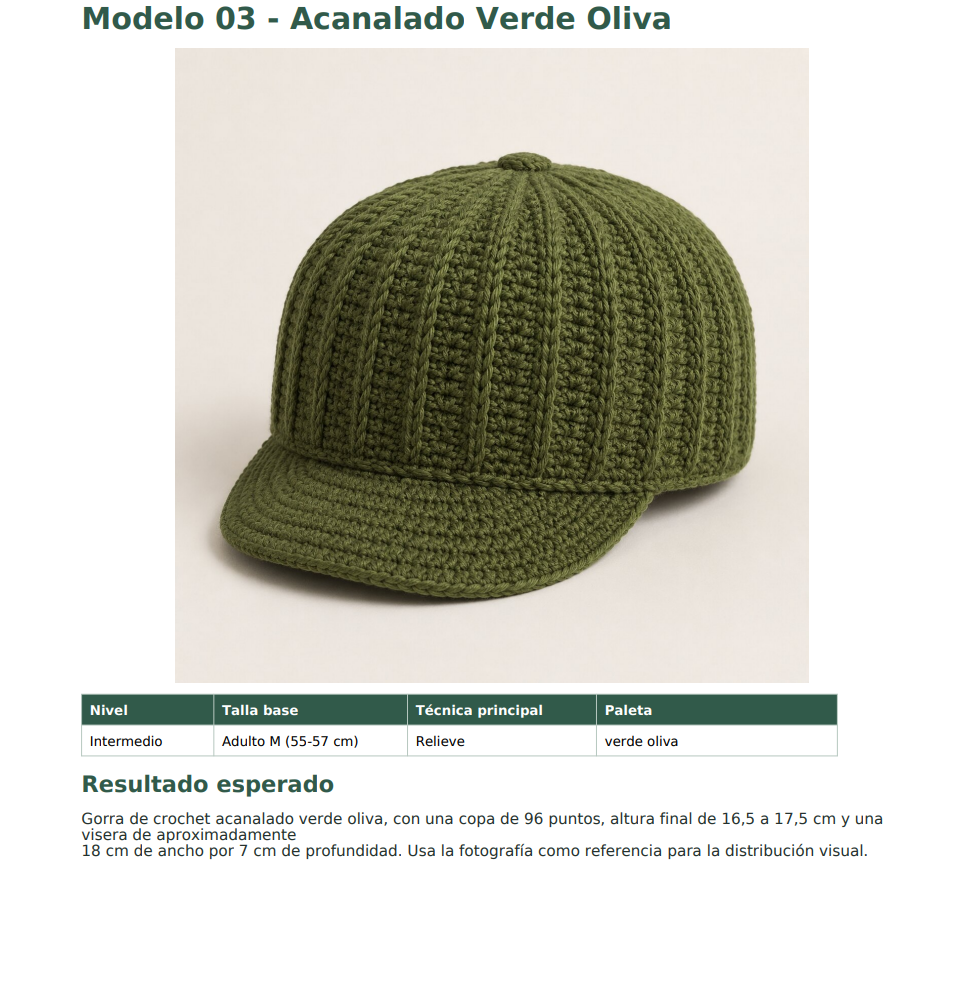 Página de la guía con la gorra acanalada verde oliva y las instrucciones de elaboración