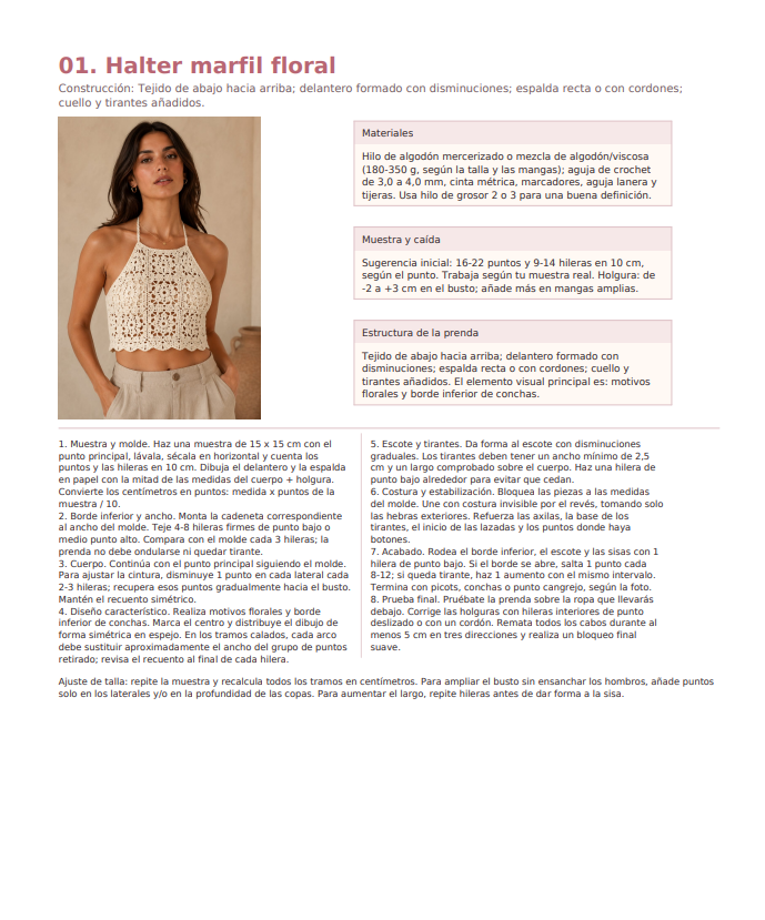 Página de la guía con el modelo 01 Halter Marfil Floral, materiales, muestra y arquitectura de la prenda