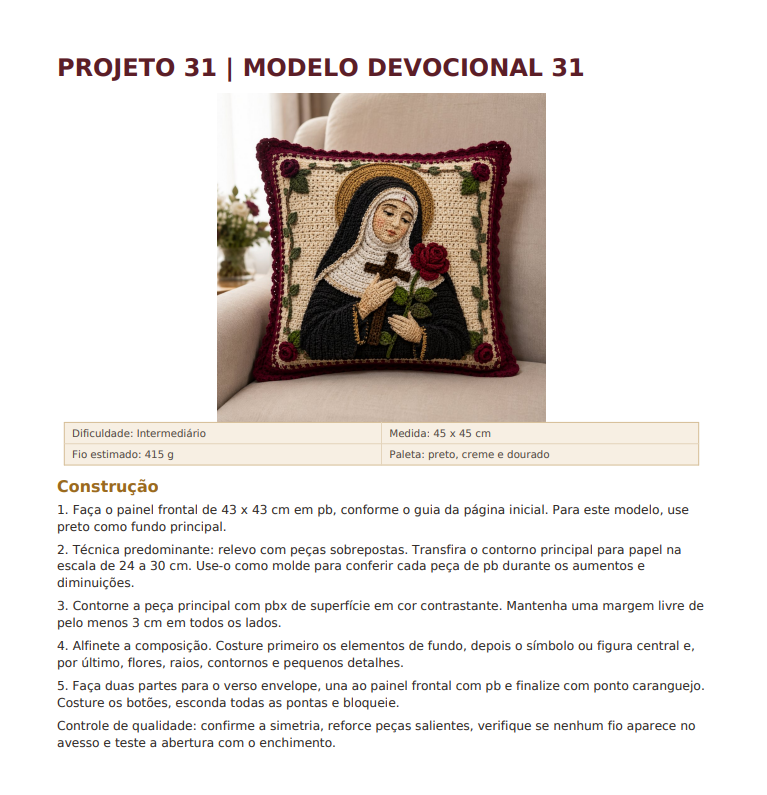 Página do PDF: modelo devocional em preto, creme e dourado com apliques