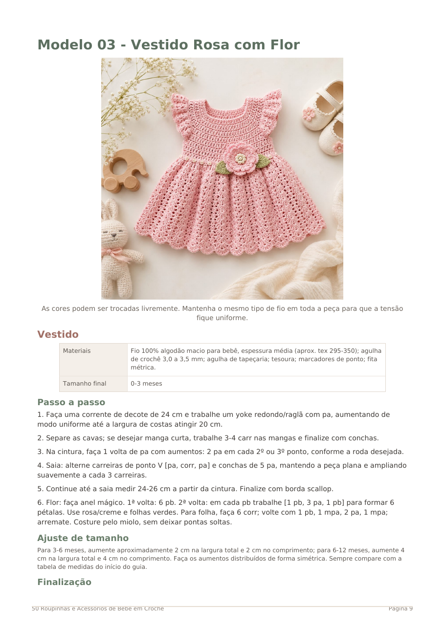 Página do PDF: Modelo 03 - Vestido Rosa com Flor, com materiais e passo a passo