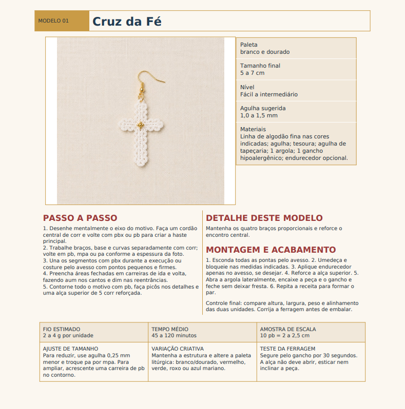 Página do PDF com o modelo 01 Cruz da Fé: foto, paleta, materiais e passo a passo
