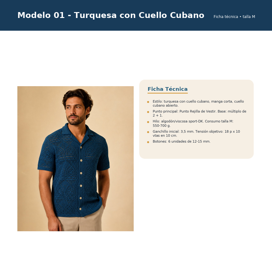 Página de la guía con el Modelo 01 Turquesa con Cuello Cubano: materiales, puntos y paso a paso